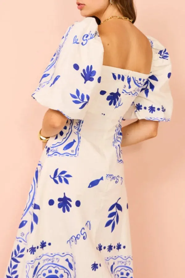 Elegant Blue Graffiti Bishop Sleeve Maxi Dress