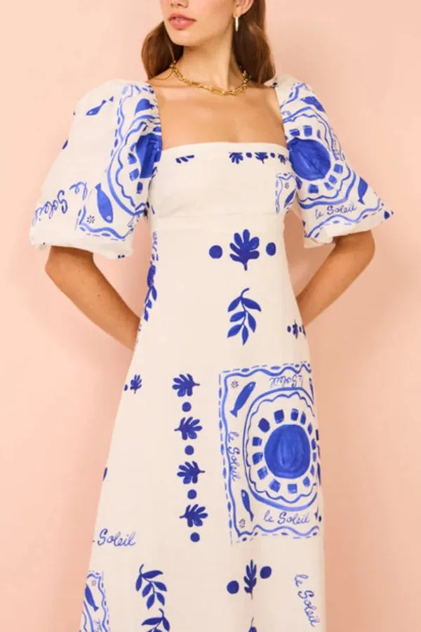 Elegant Blue Graffiti Bishop Sleeve Maxi Dress