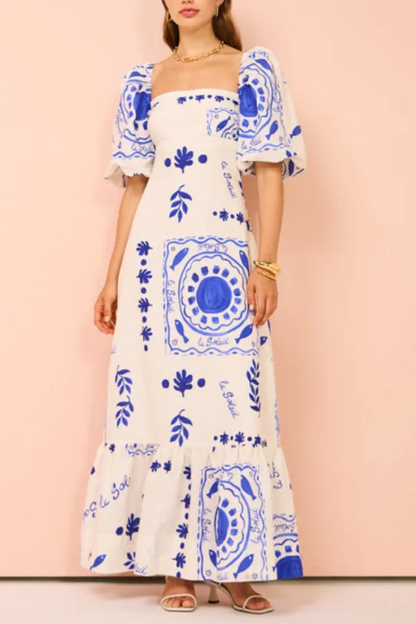 Elegant Blue Graffiti Bishop Sleeve Maxi Dress