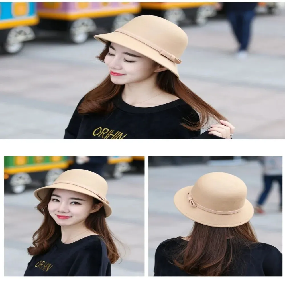 Ladies Elegant Fisherman Cap Autumn Winter Warm Hat Women Vintage Retro Hat Church Bowler Cloche Hats Wool Felt Bucket Cap