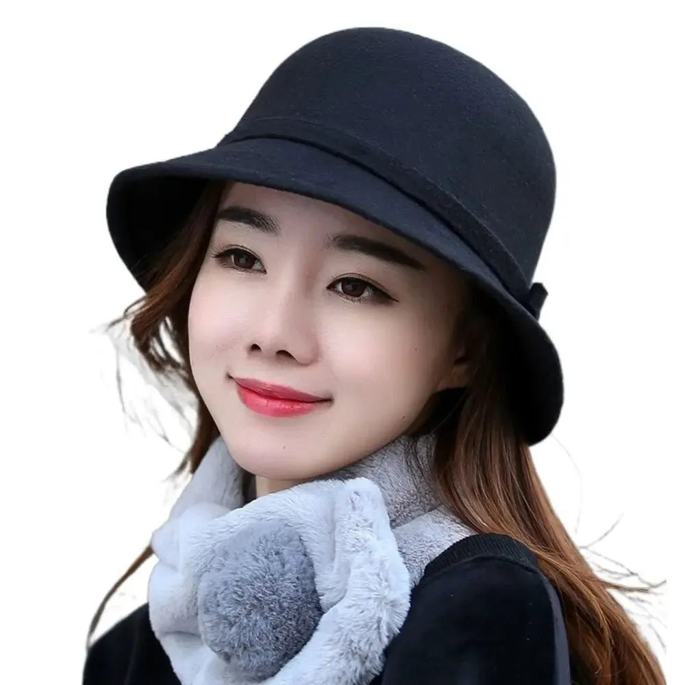 Ladies Elegant Fisherman Cap Autumn Winter Warm Hat Women Vintage Retro Hat Church Bowler Cloche Hats Wool Felt Bucket Cap