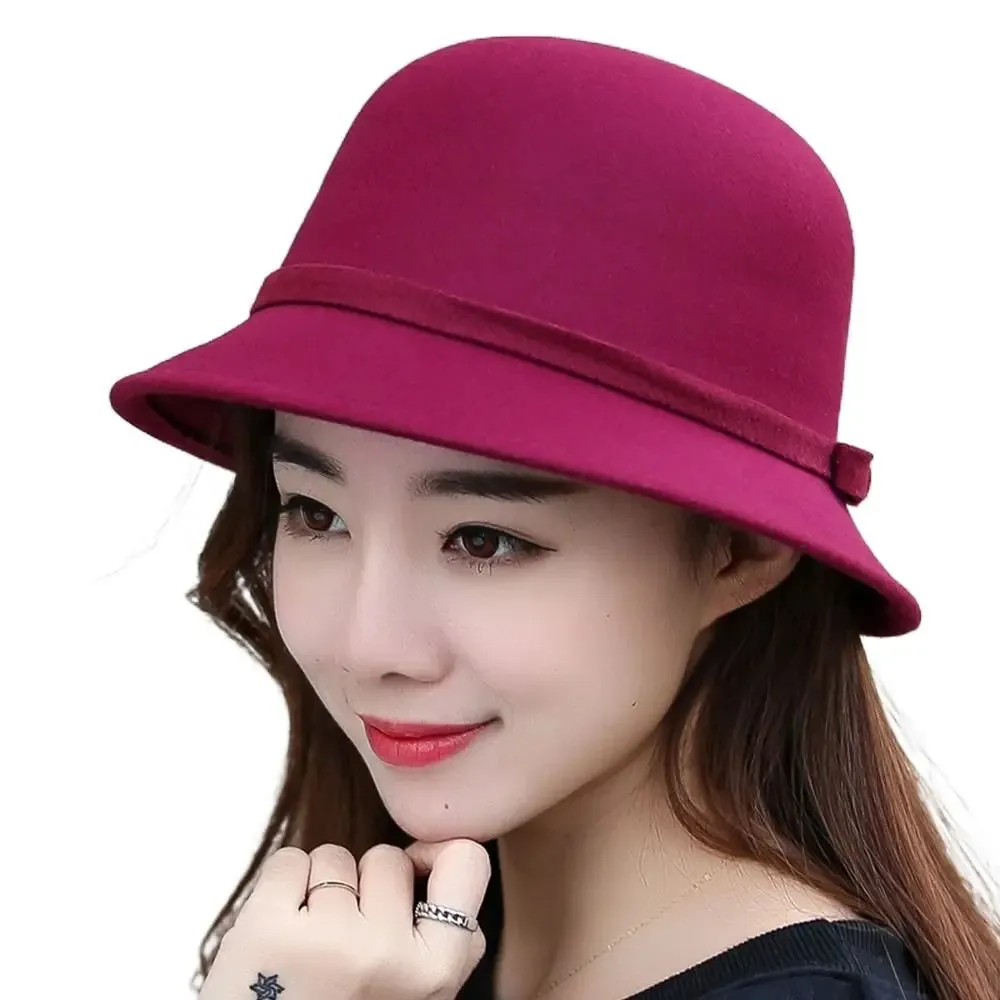 Ladies Elegant Fisherman Cap Autumn Winter Warm Hat Women Vintage Retro Hat Church Bowler Cloche Hats Wool Felt Bucket Cap