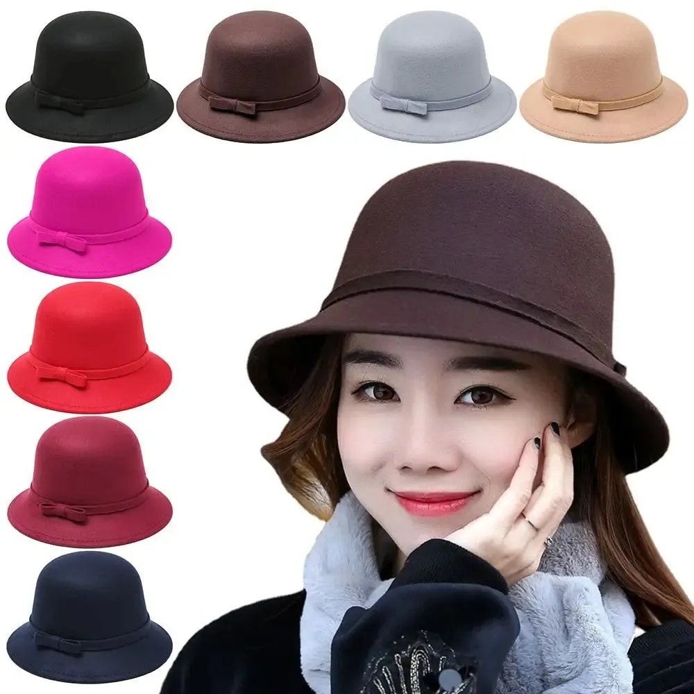 Ladies Elegant Fisherman Cap Autumn Winter Warm Hat Women Vintage Retro Hat Church Bowler Cloche Hats Wool Felt Bucket Cap
