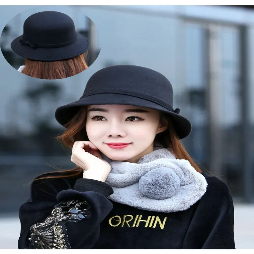 Ladies Elegant Fisherman Cap Autumn Winter Warm Hat Women Vintage Retro Hat Church Bowler Cloche Hats Wool Felt Bucket Cap
