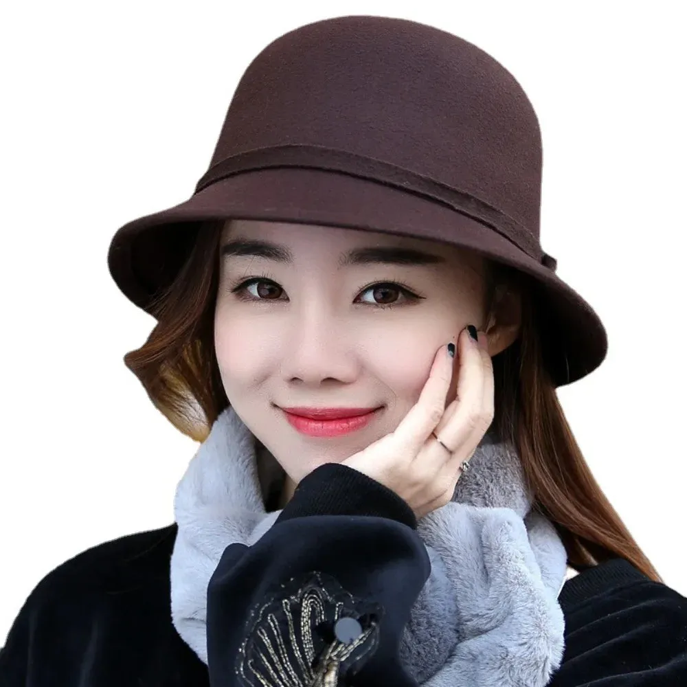 Ladies Elegant Fisherman Cap Autumn Winter Warm Hat Women Vintage Retro Hat Church Bowler Cloche Hats Wool Felt Bucket Cap