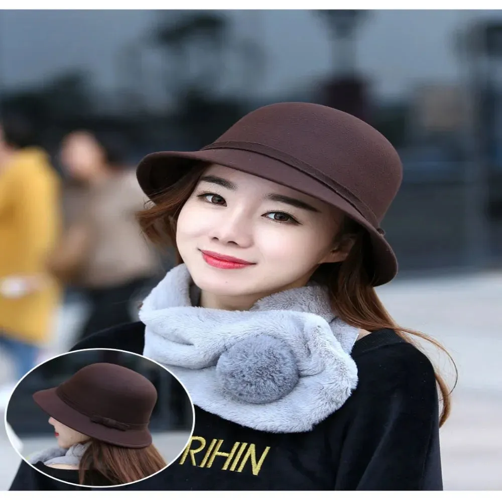 Ladies Elegant Fisherman Cap Autumn Winter Warm Hat Women Vintage Retro Hat Church Bowler Cloche Hats Wool Felt Bucket Cap
