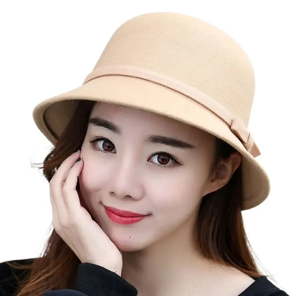 Ladies Elegant Fisherman Cap Autumn Winter Warm Hat Women Vintage Retro Hat Church Bowler Cloche Hats Wool Felt Bucket Cap
