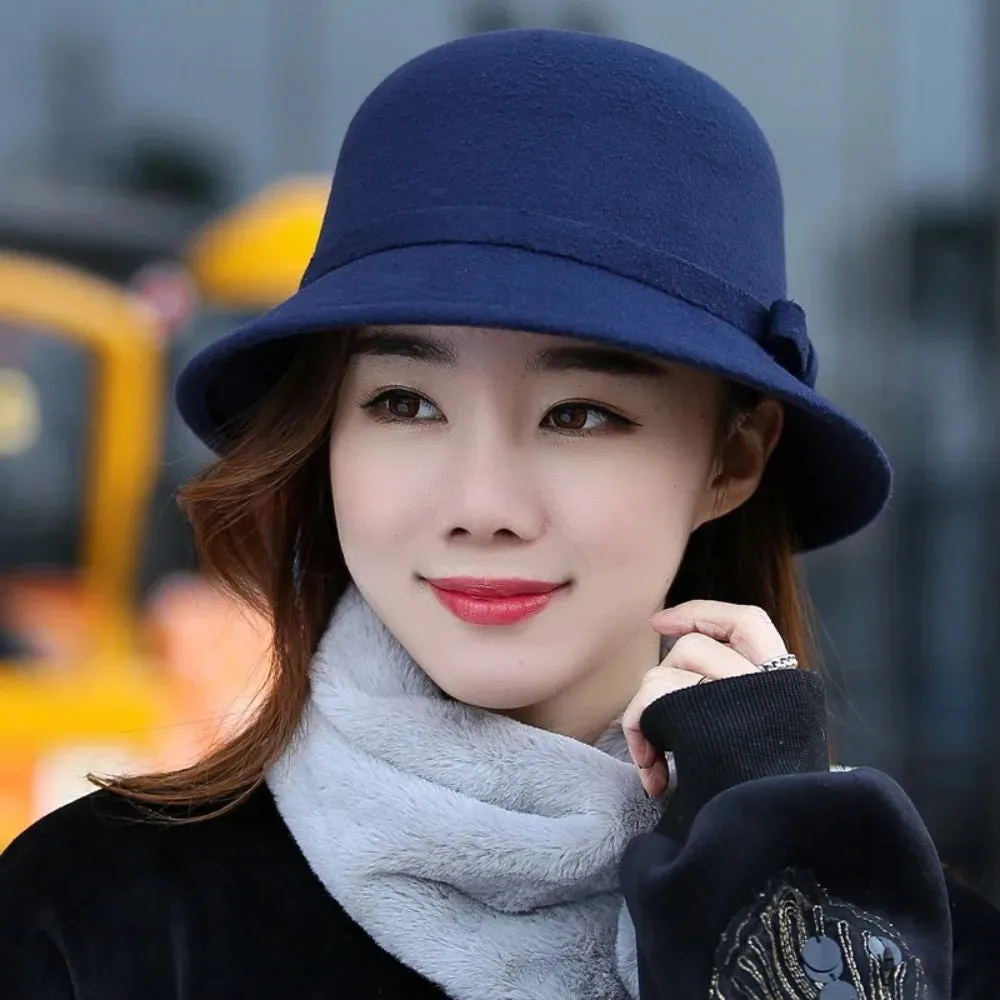 Ladies Elegant Fisherman Cap Autumn Winter Warm Hat Women Vintage Retro Hat Church Bowler Cloche Hats Wool Felt Bucket Cap