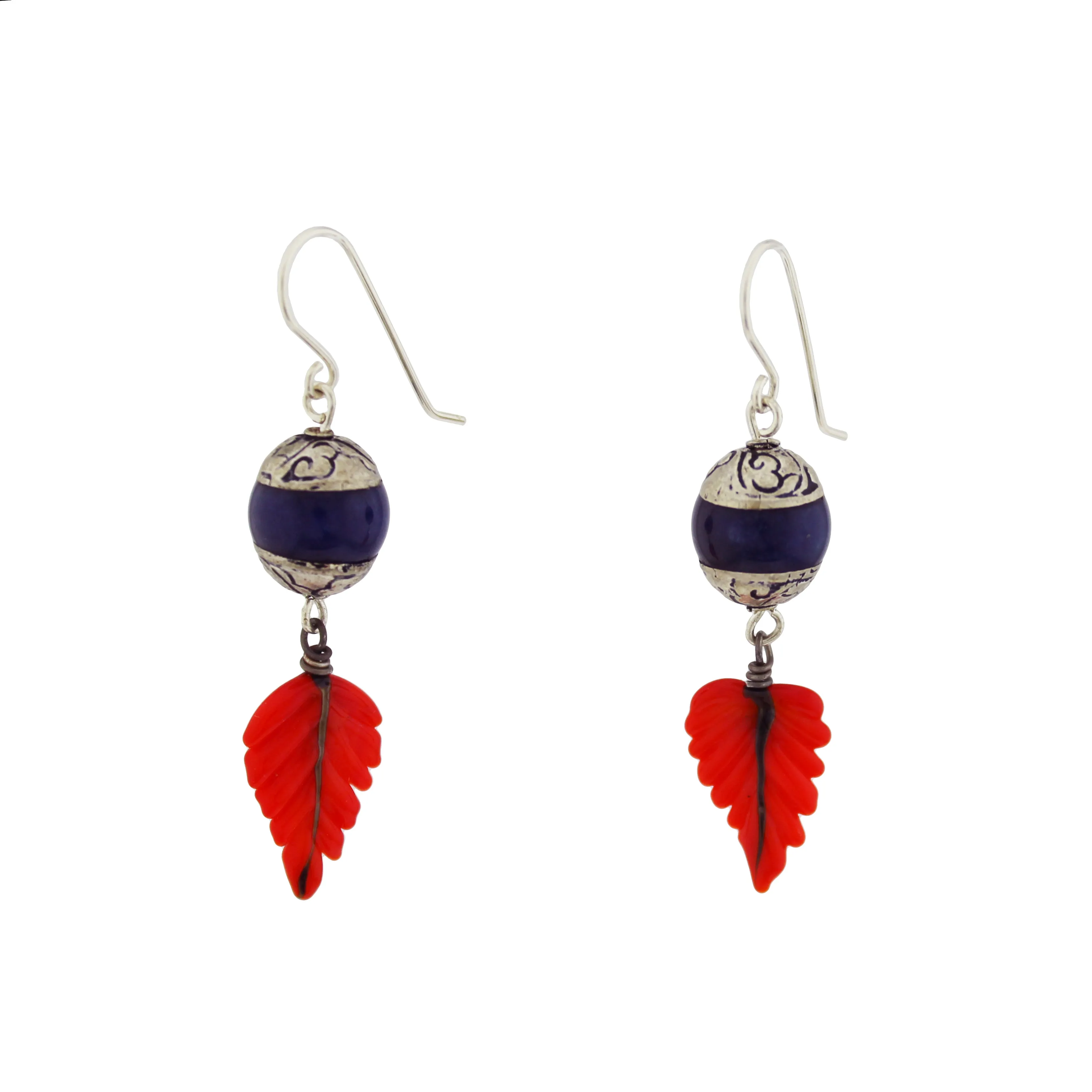 Lapis Lazuli  and Coral Lampwork Earrings; Blue, Silver and Coral Earrings; Tropical earrings; Kinetic Earrings