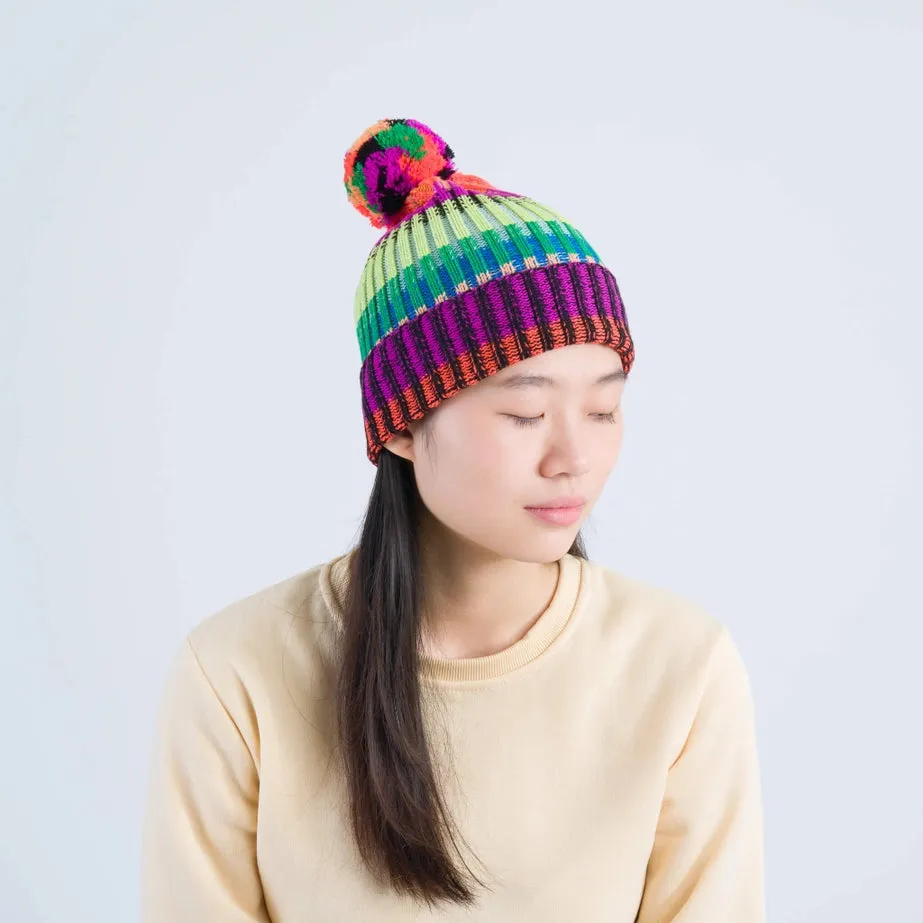 Mosaic Stripe Pom Beanie in Lime Cobalt