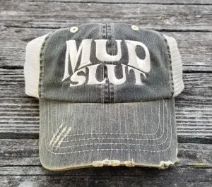 Mud Slut, worn distresses look black low profile cap