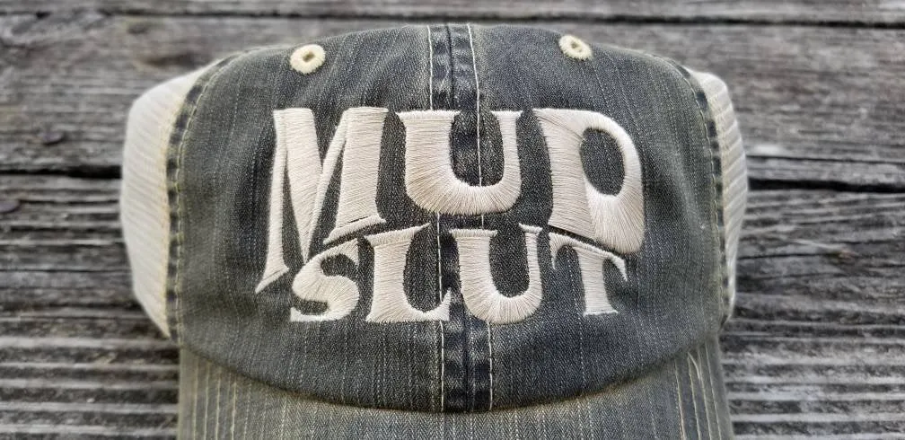 Mud Slut, worn distresses look black low profile cap