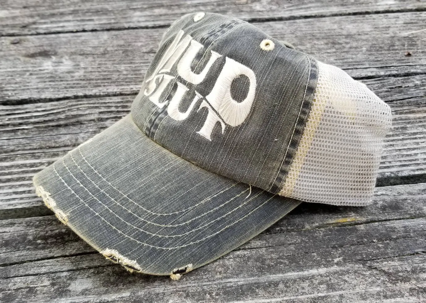 Mud Slut, worn distresses look black low profile cap