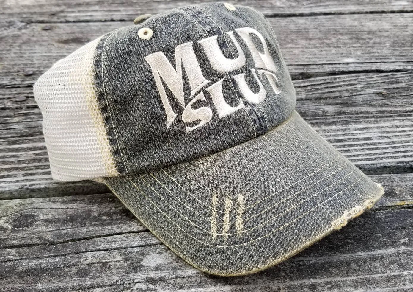 Mud Slut, worn distresses look black low profile cap