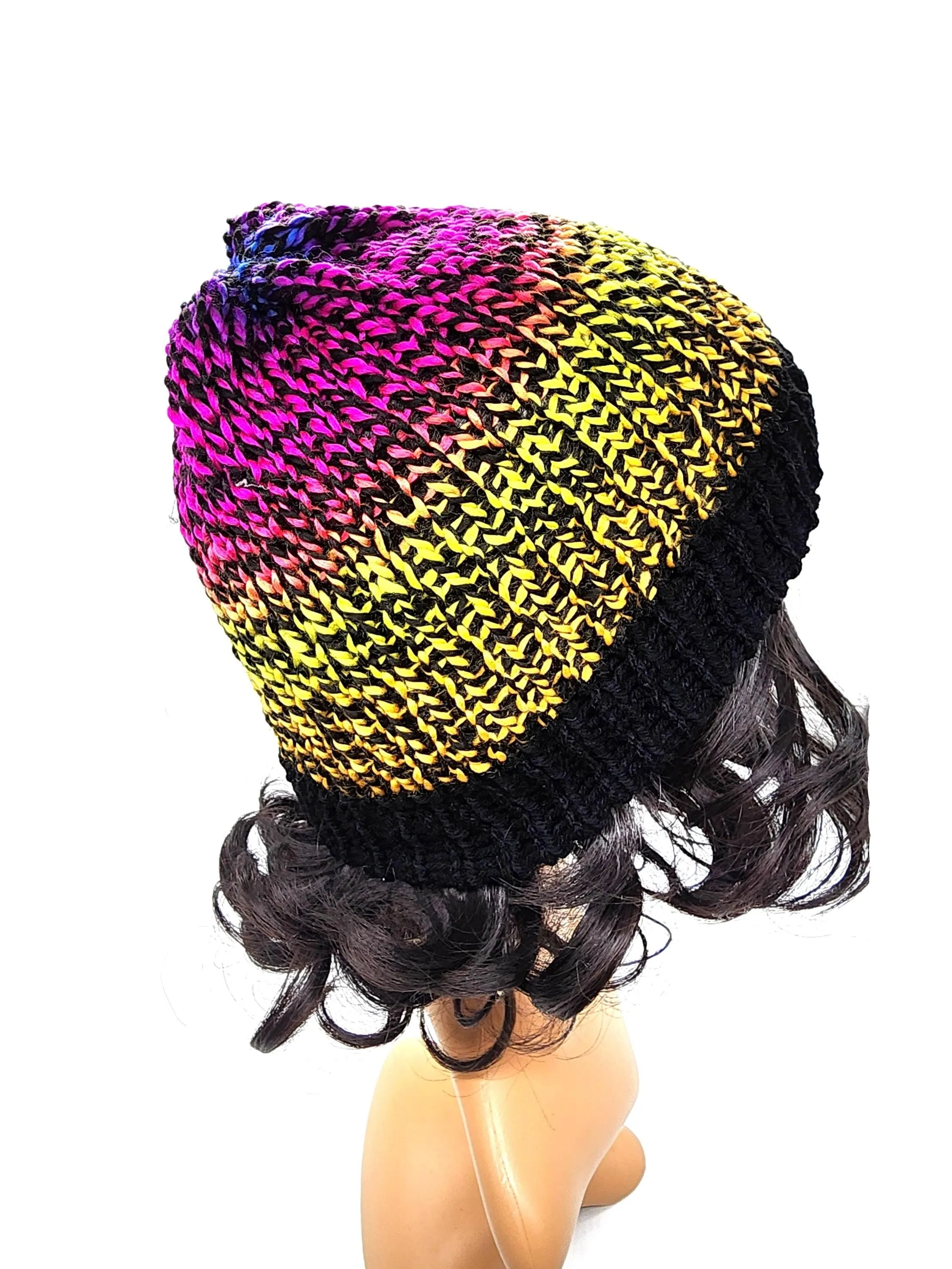 Multicolor and Black Knit Beanie Hat, Handmade Stretch Beanie, Cozy Hand Knit Hat, Winter Fashion