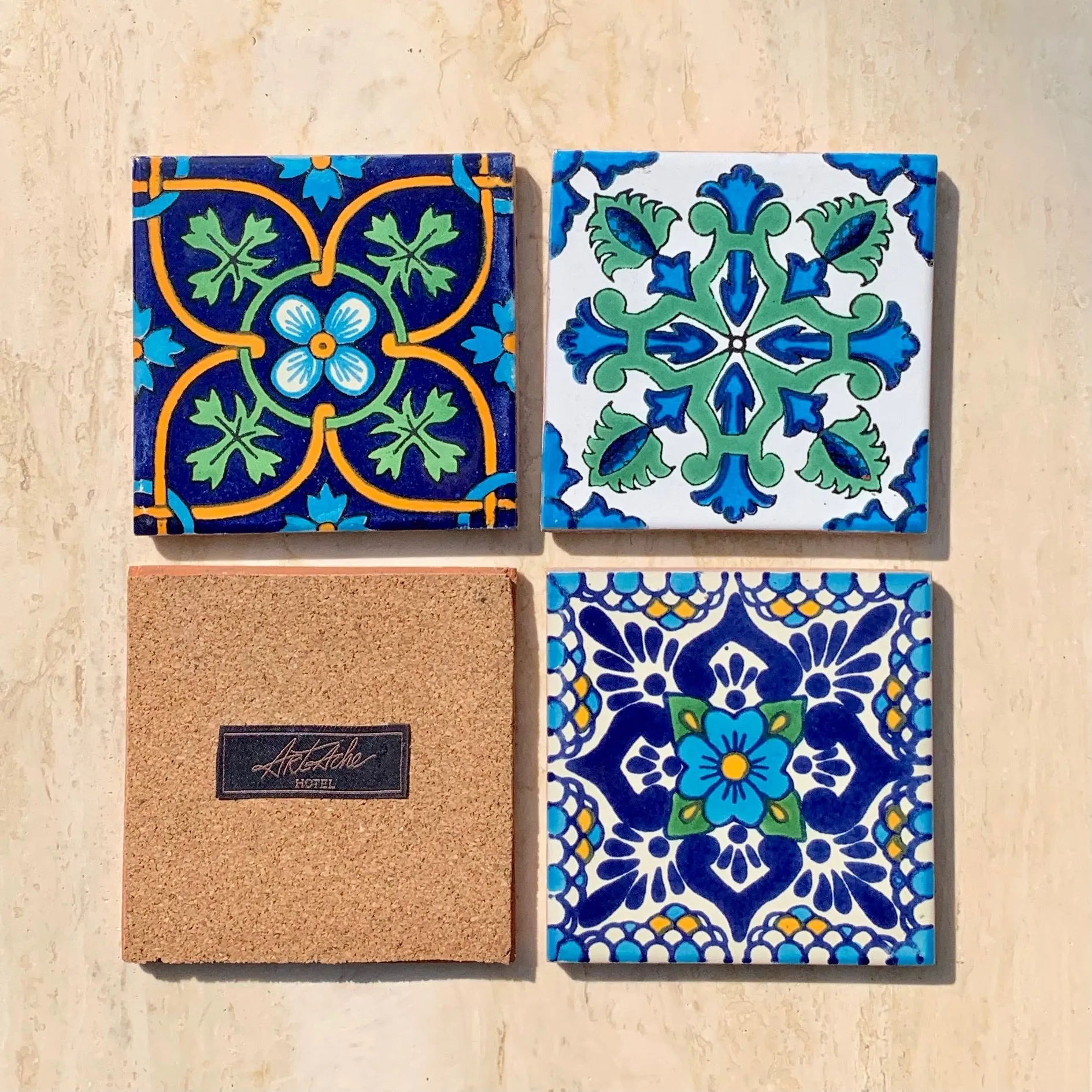 Unique Hand Painted Ceramic Coaster Set - Blue & Green