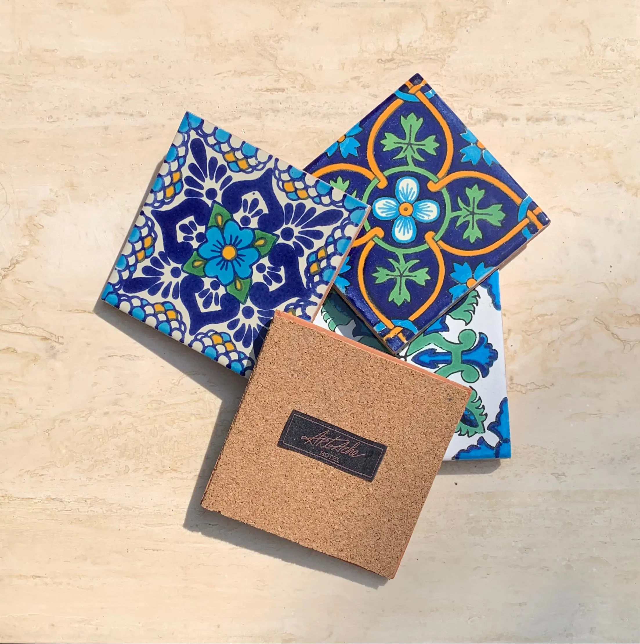 Unique Hand Painted Ceramic Coaster Set - Blue & Green