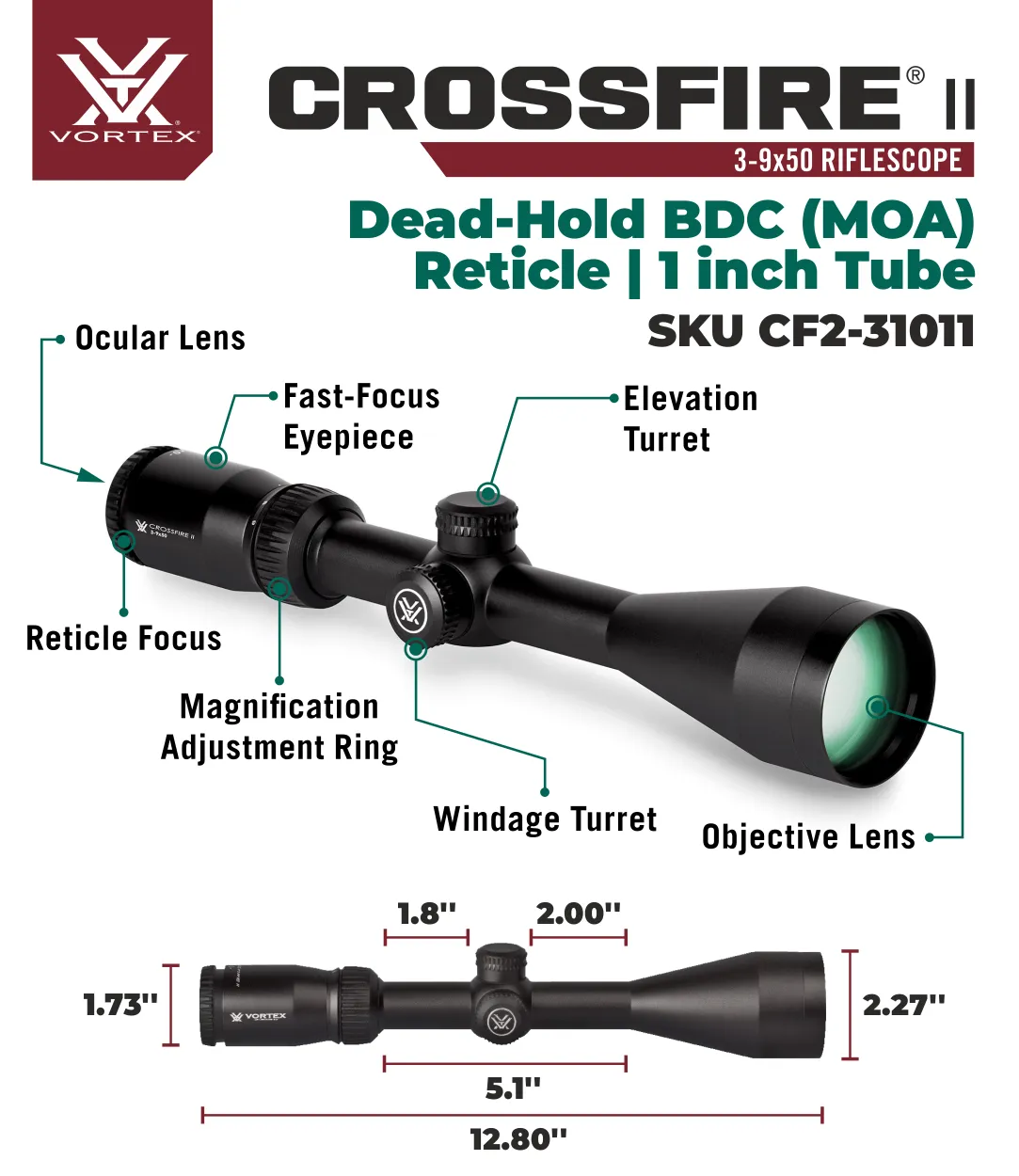 Vortex Crossfire II 3-9x50 BDC 1in Tube Black (CF2-31011) Riflescope w/ Wearable4U Bundle