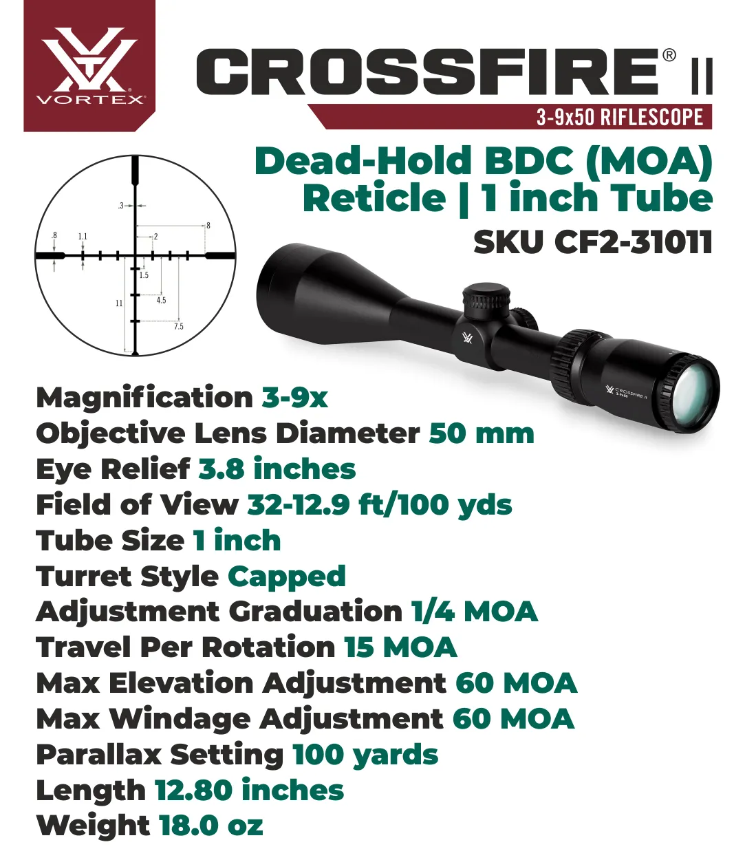 Vortex Crossfire II 3-9x50 BDC 1in Tube Black (CF2-31011) Riflescope w/ Wearable4U Bundle