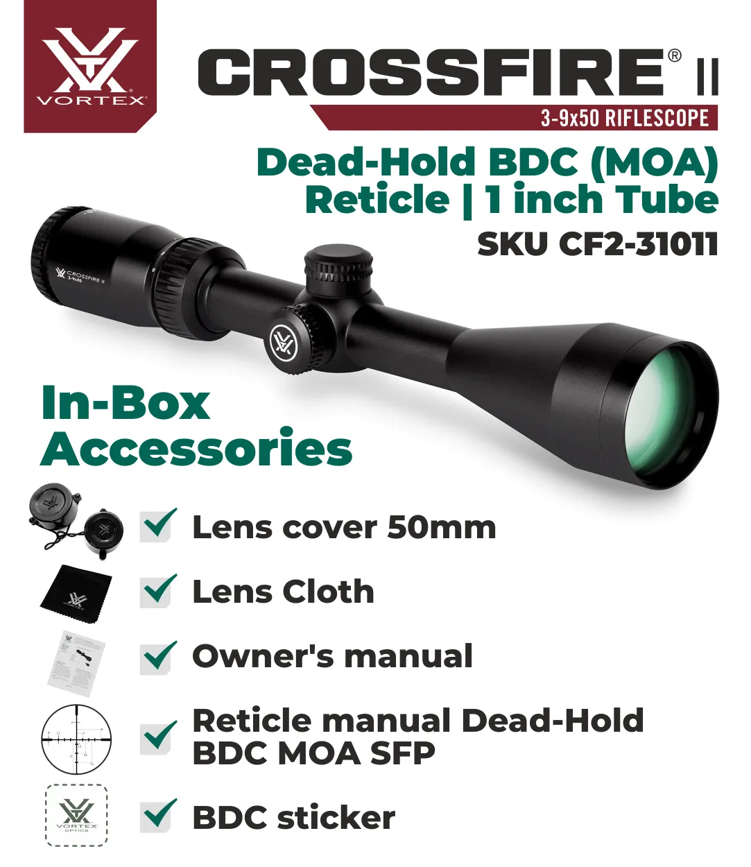 Vortex Crossfire II 3-9x50 BDC 1in Tube Black (CF2-31011) Riflescope w/ Wearable4U Bundle