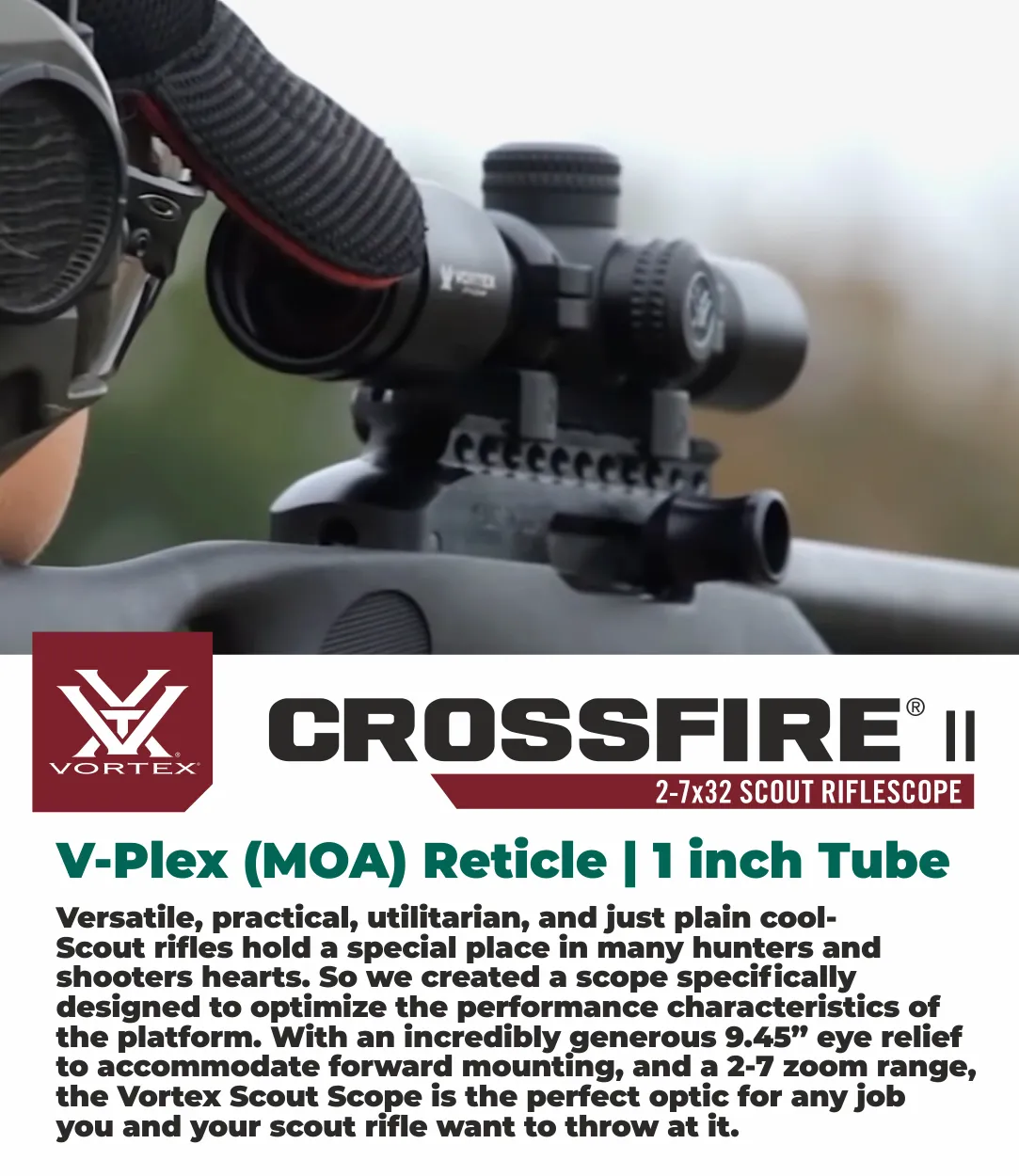 Vortex Optics Crossfire II 2-7x32 Scout, SFP, 1-inch Tube Riflescope V-Plex Reticle with Free Hat and Vortex Optics Rings Bundle
