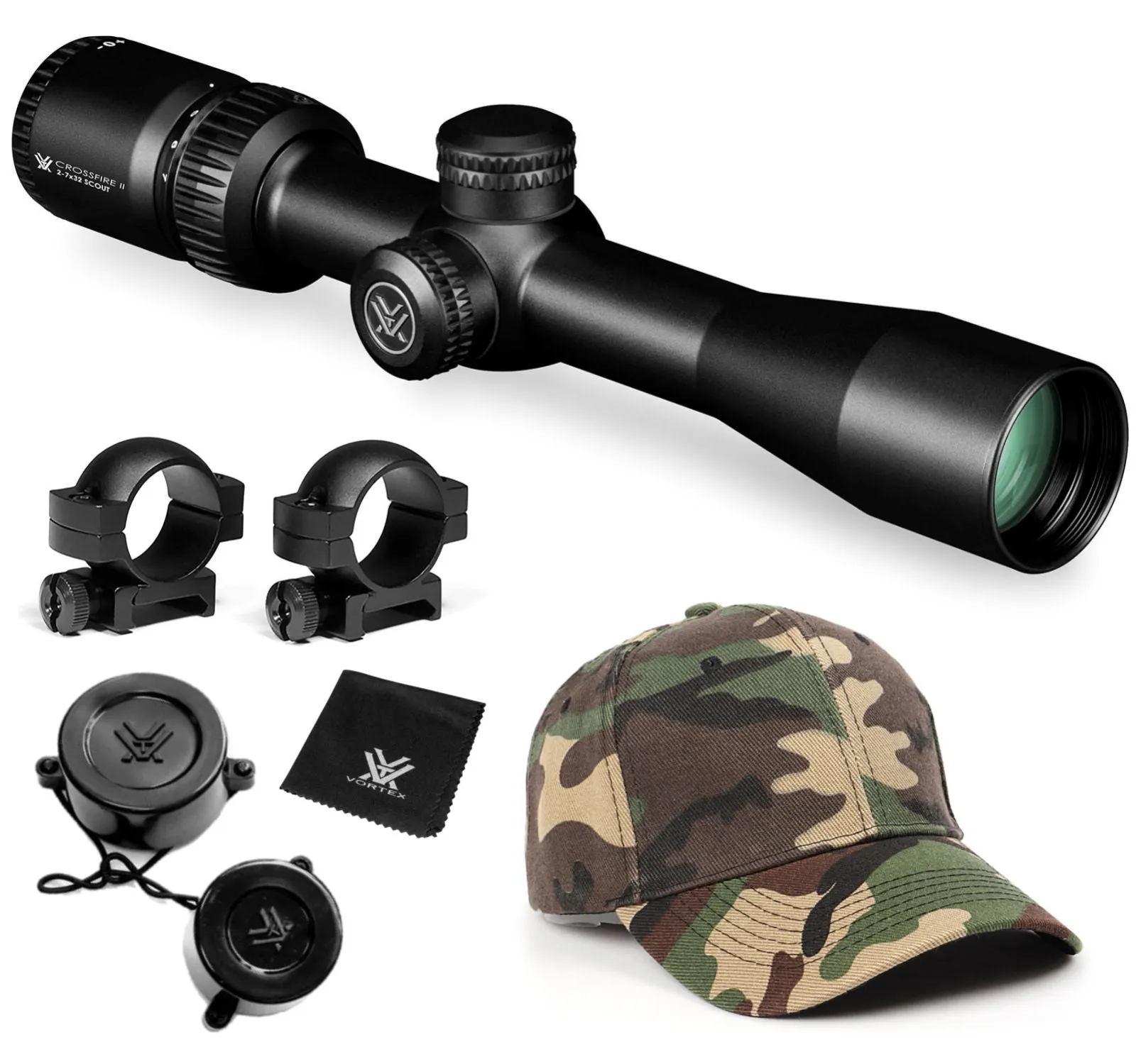 Vortex Optics Crossfire II 2-7x32 Scout, SFP, 1-inch Tube Riflescope V-Plex Reticle with Free Hat and Vortex Optics Rings Bundle