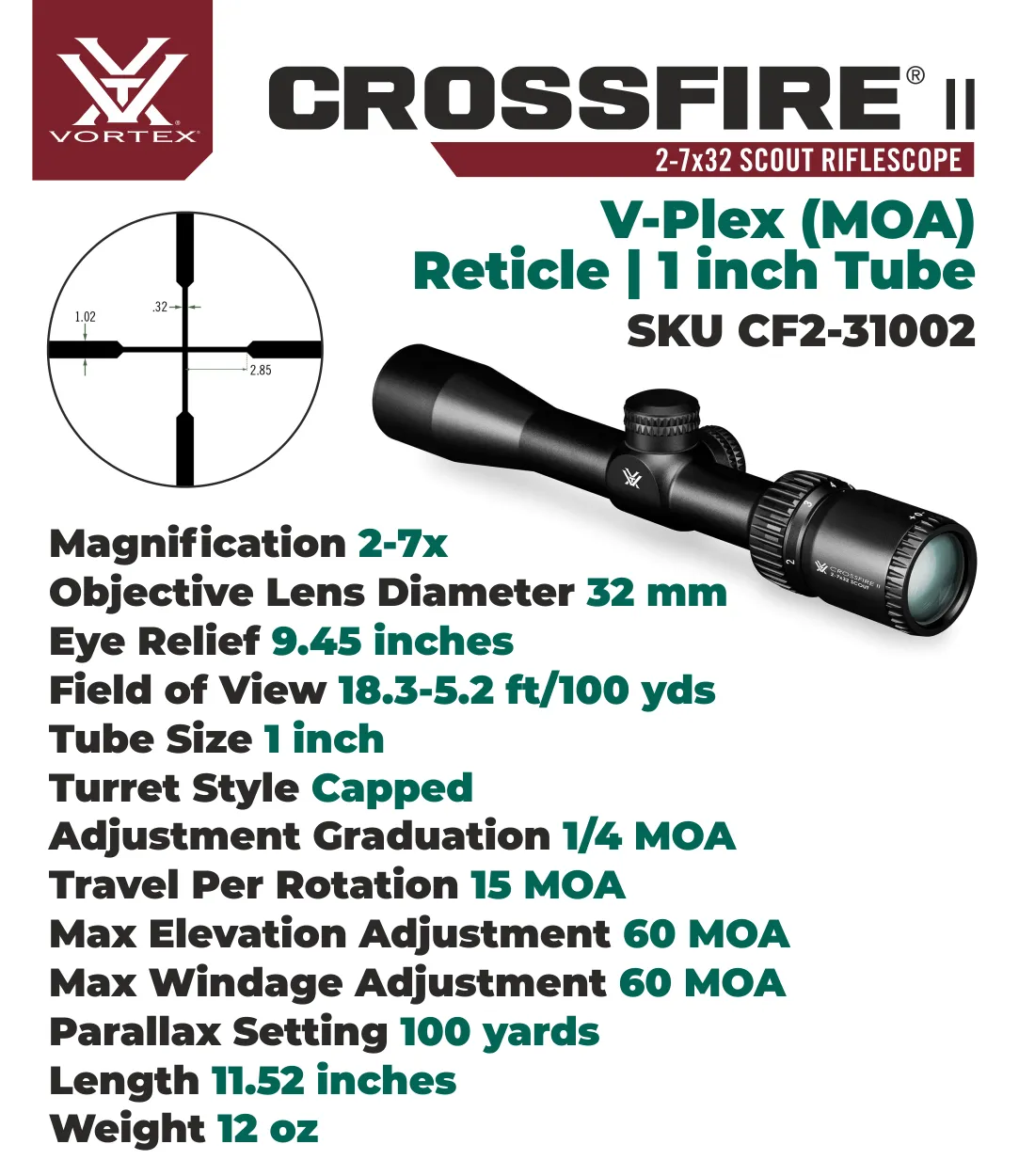Vortex Optics Crossfire II 2-7x32 Scout, SFP, 1-inch Tube Riflescope V-Plex Reticle with Free Hat and Vortex Optics Rings Bundle