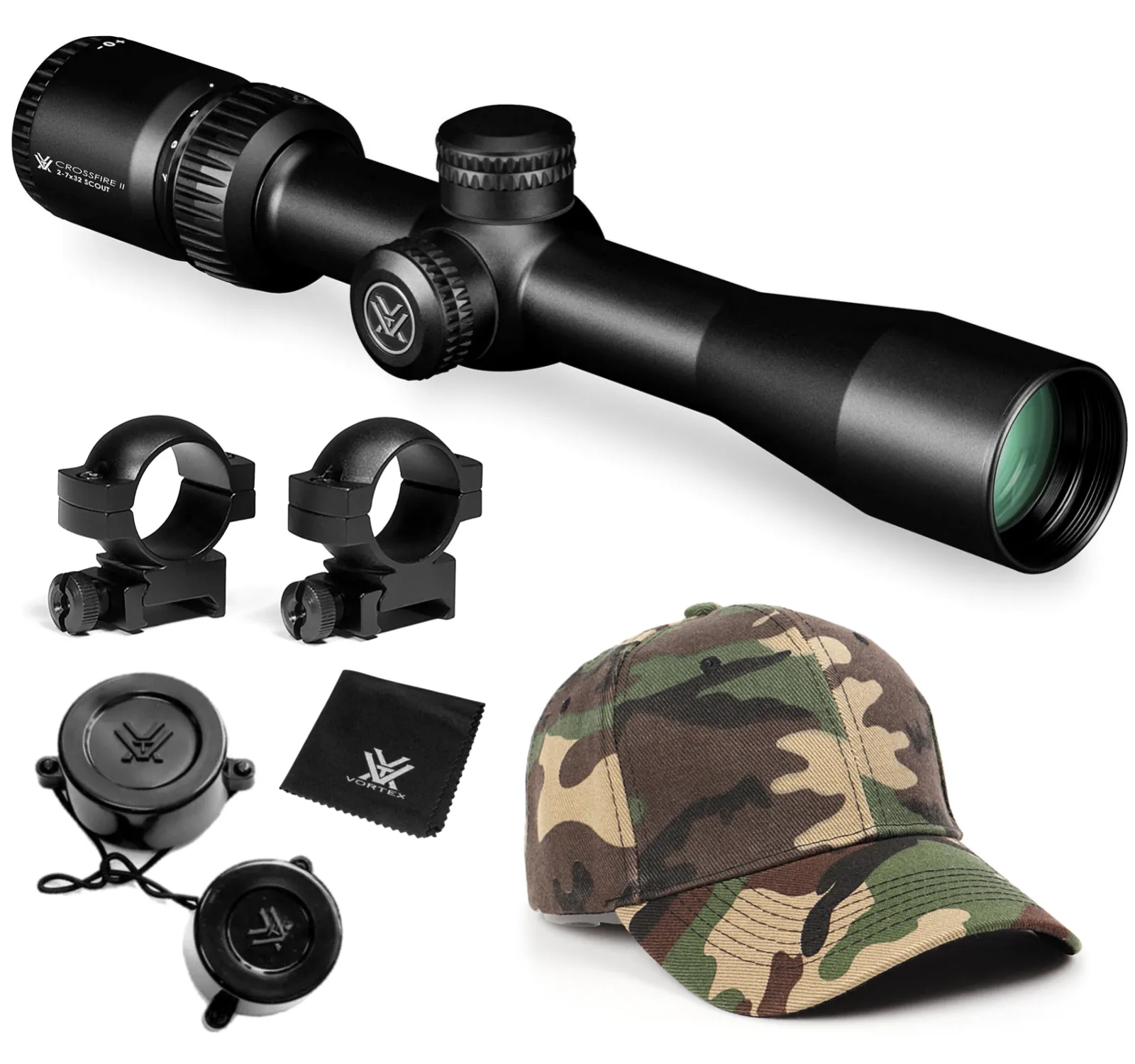 Vortex Optics Crossfire II 2-7x32 Scout, SFP, 1-inch Tube Riflescope V-Plex Reticle with Free Hat and Vortex Optics Rings Bundle