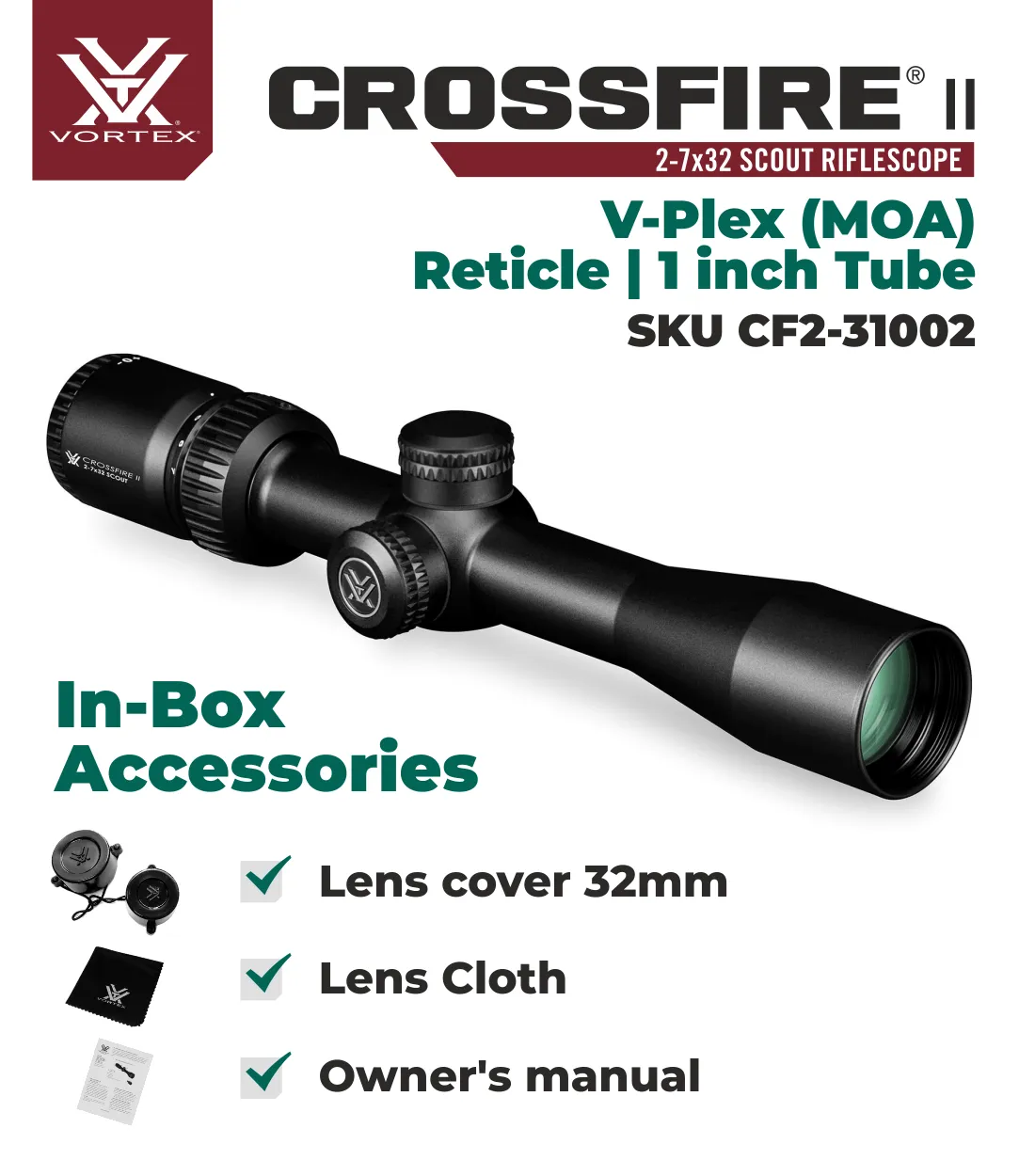 Vortex Optics Crossfire II 2-7x32 Scout, SFP, 1-inch Tube Riflescope V-Plex Reticle with Free Hat and Vortex Optics Rings Bundle