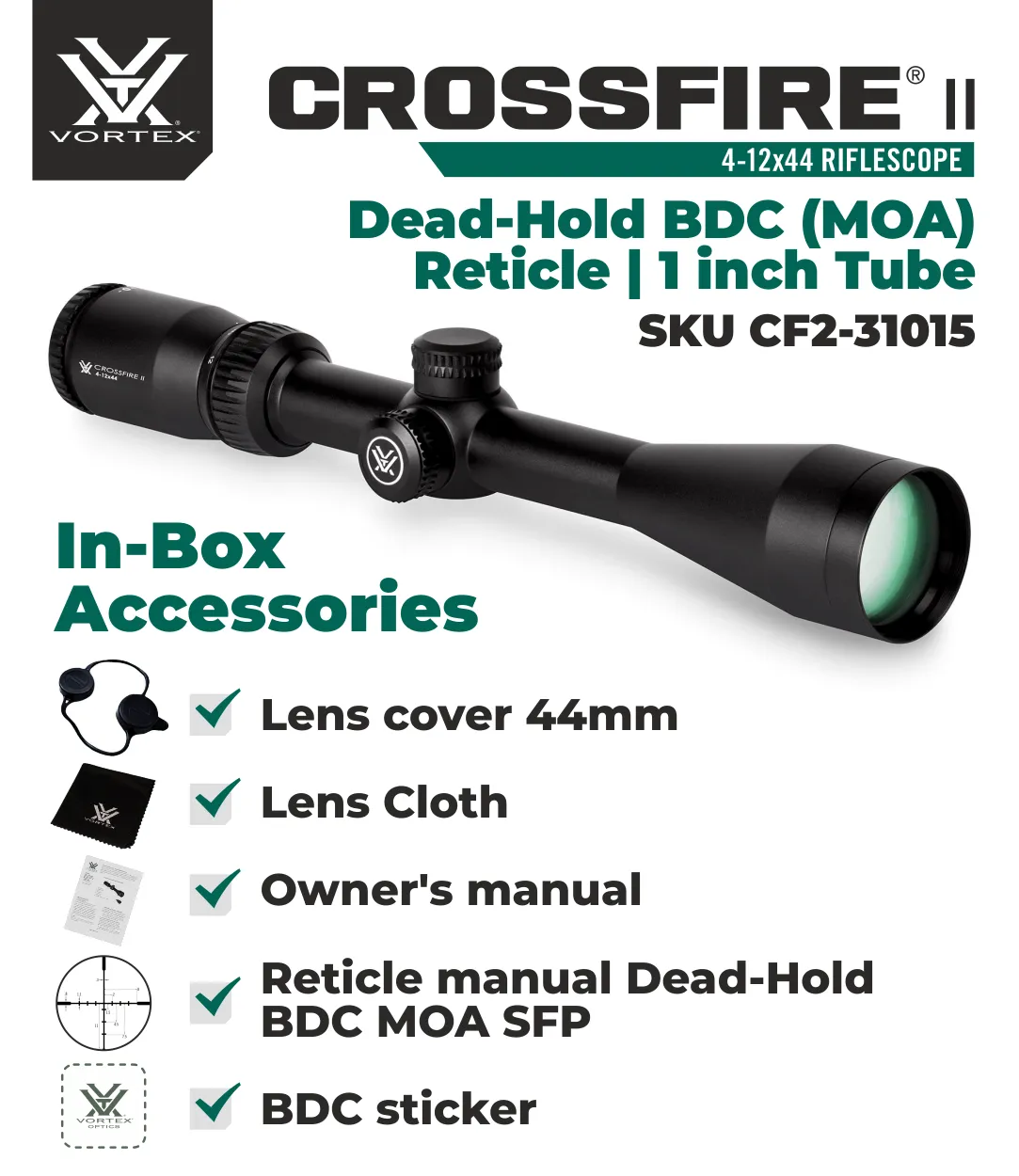 Vortex Optics Crossfire II 4-12x44 Riflescope Dead-Hold BDC (MOA) Reticle, 1 inch Tube with Wearable4U Bundle