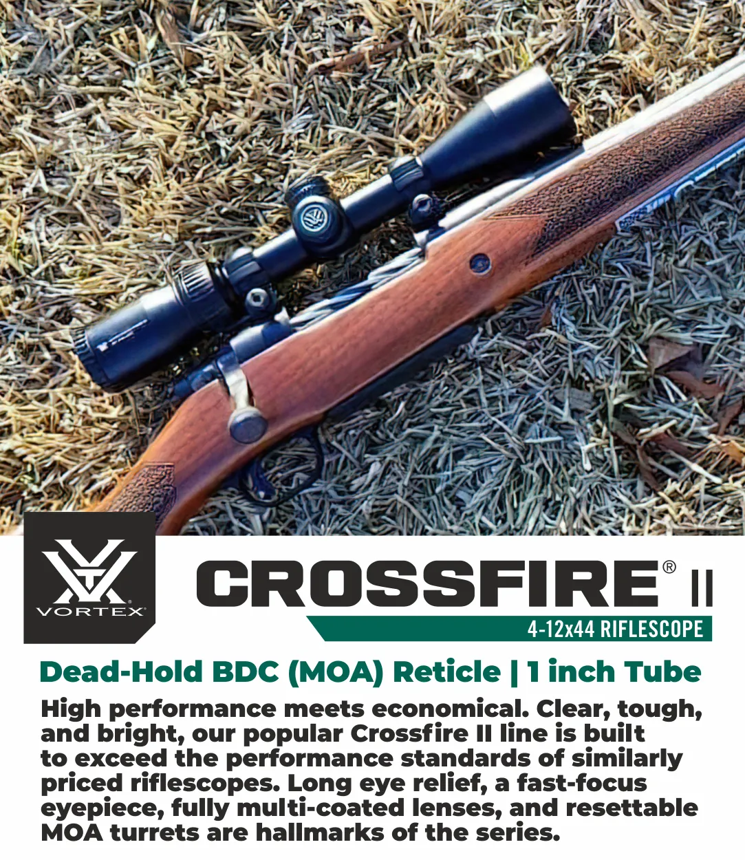 Vortex Optics Crossfire II 4-12x44 Riflescope Dead-Hold BDC (MOA) Reticle, 1 inch Tube with Wearable4U Bundle
