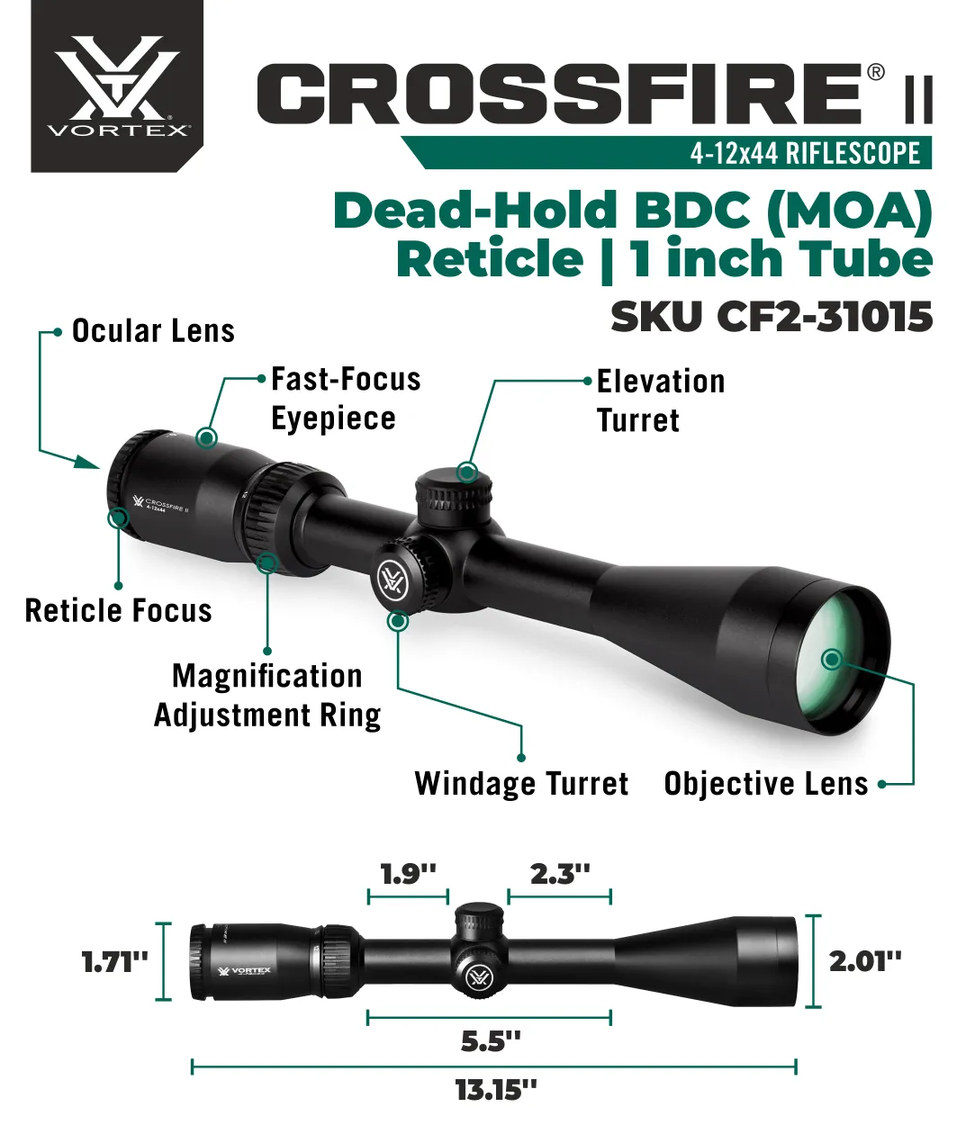 Vortex Optics Crossfire II 4-12x44 Riflescope Dead-Hold BDC (MOA) Reticle, 1 inch Tube with Wearable4U Bundle